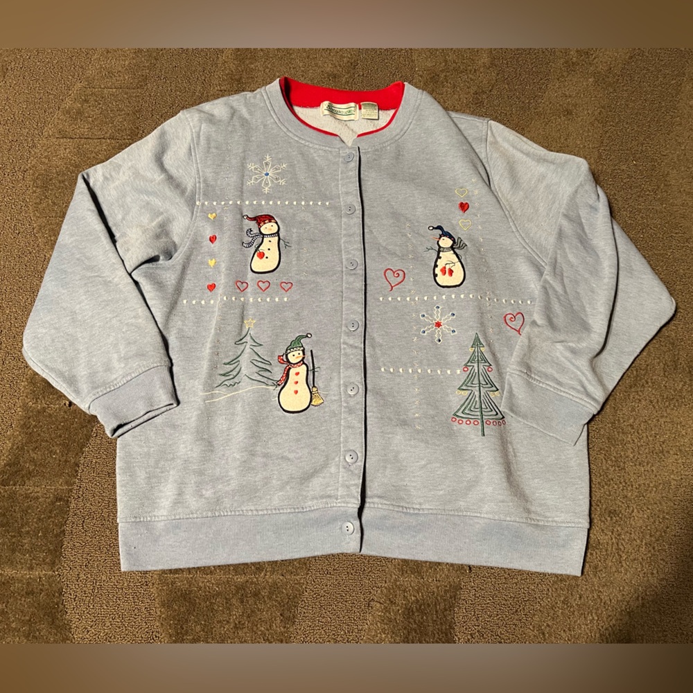 Extra Shenanigans Vintage Button Up Cardigan Sweatshirt Embroidered Snowmen Xmas